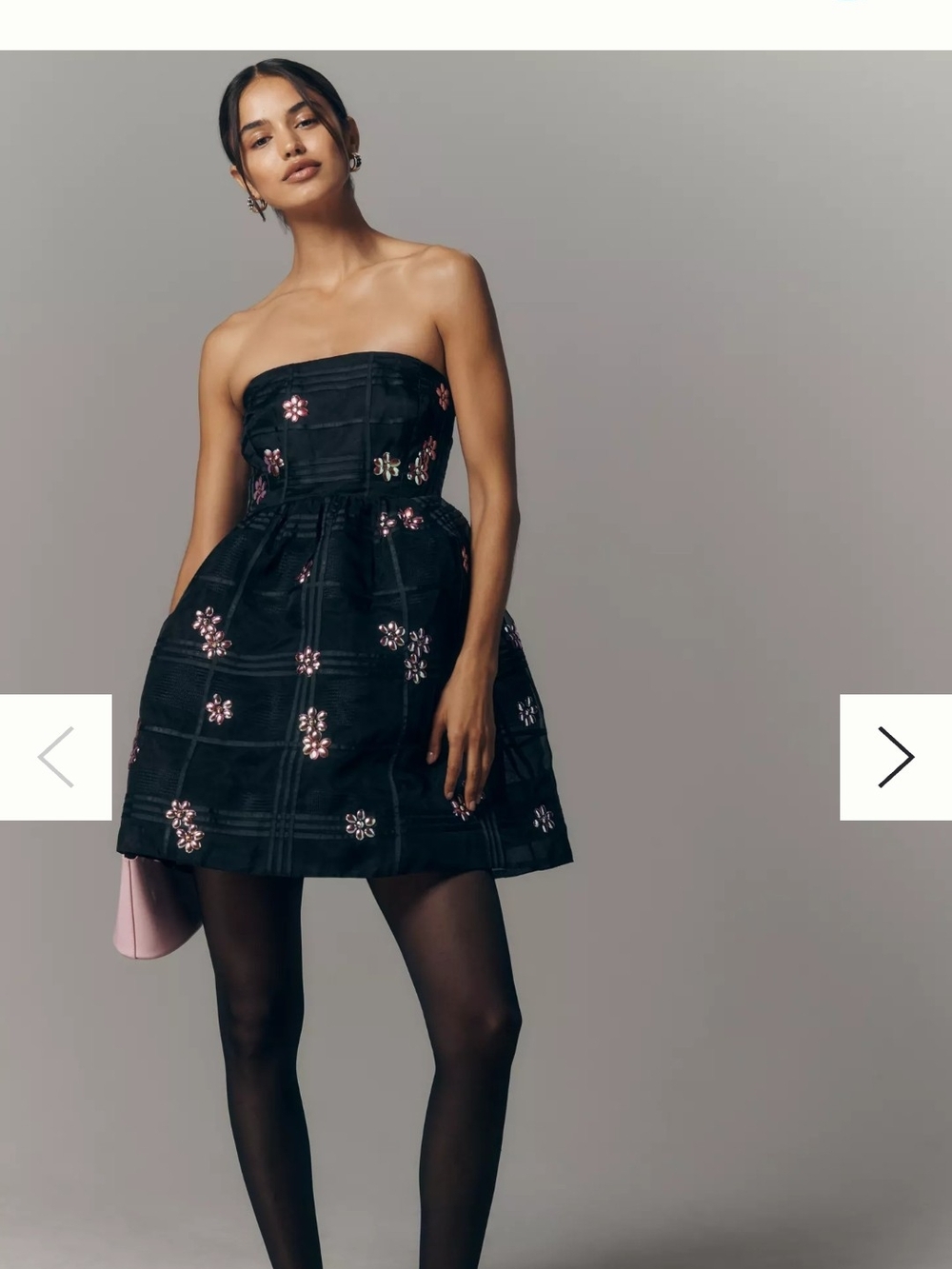 Maeve Black Strapless Mini Dress with Pink Floral Embellishment Fit And Flare